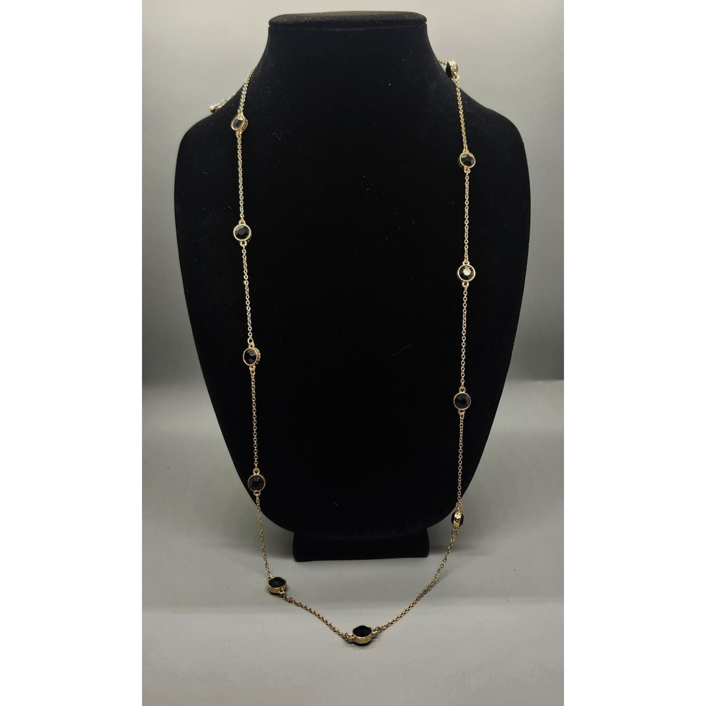 Gold Tone Long Station Necklace Black Stone Bezel Set Adjustable Dainty